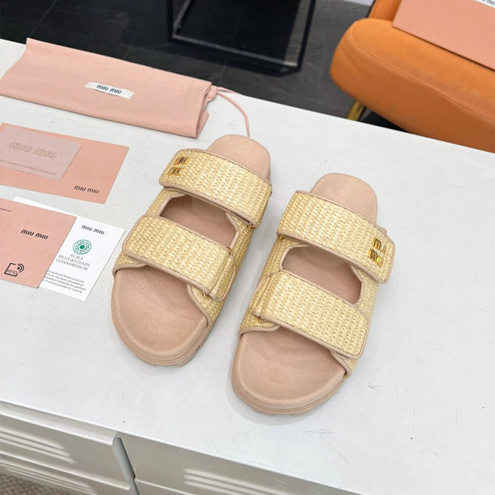 M1um1u Raffia-effect woven fabric slides
