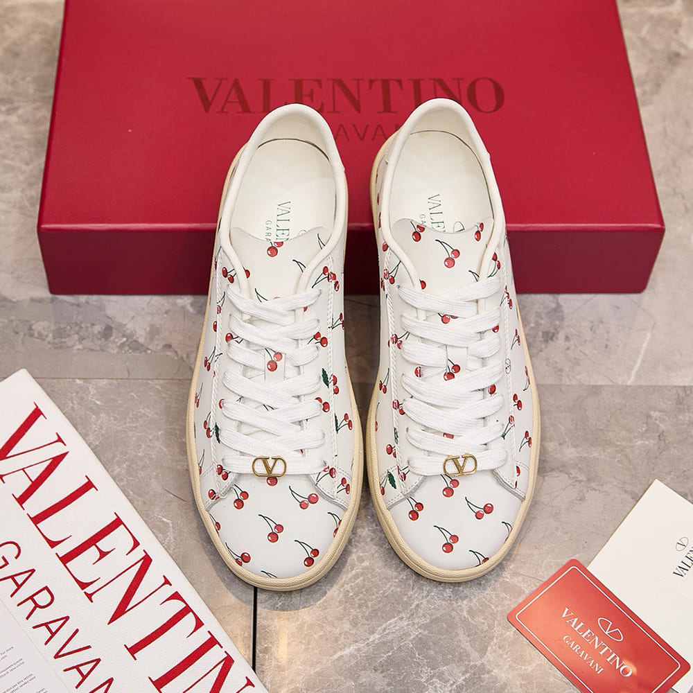 Va1e*ntin0 ROYCO Women’s Cherry Pattern Soft Calfskin Sneakers