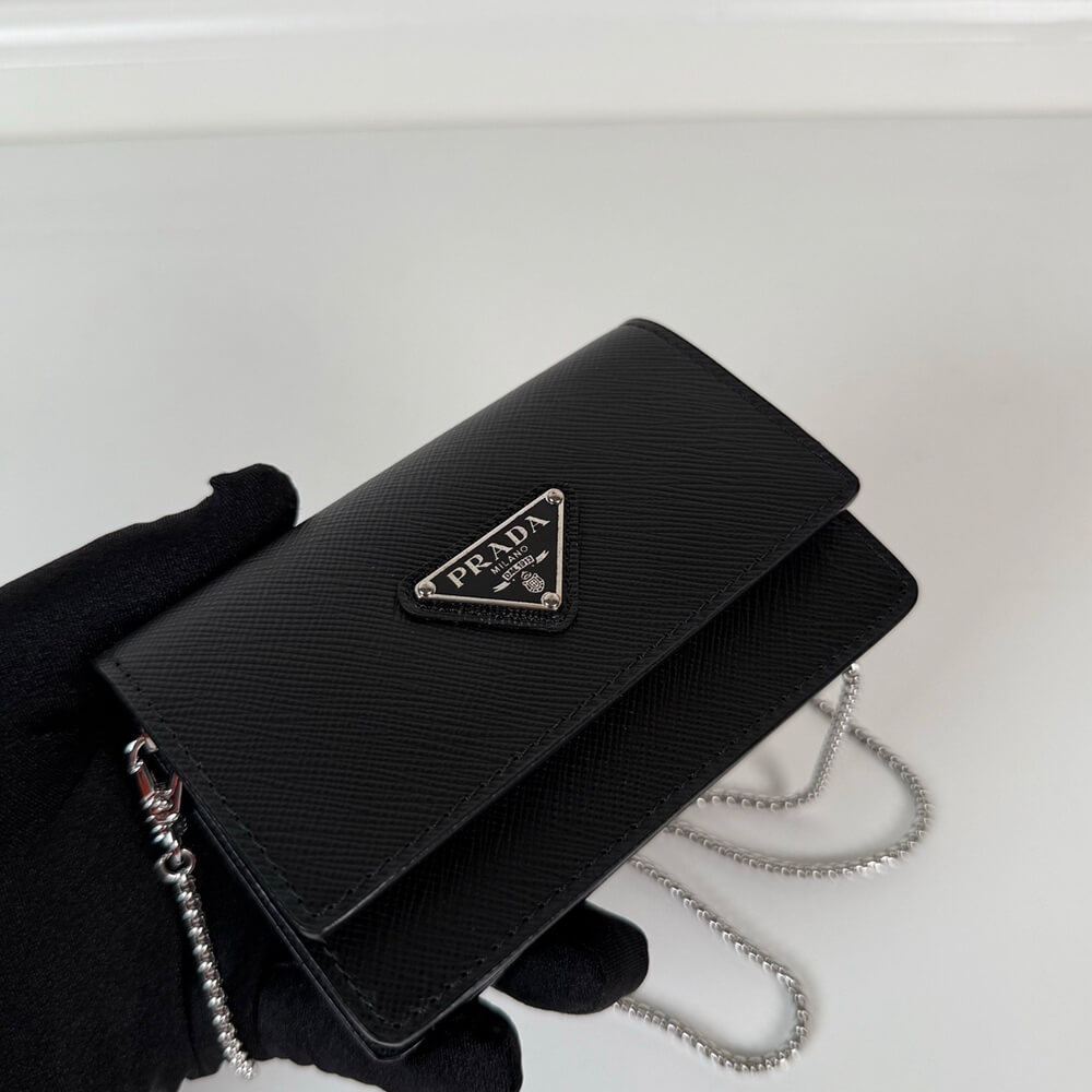 Pra*a Saffiano leather card holder with shoulder strap(HIGH-END GRADE)