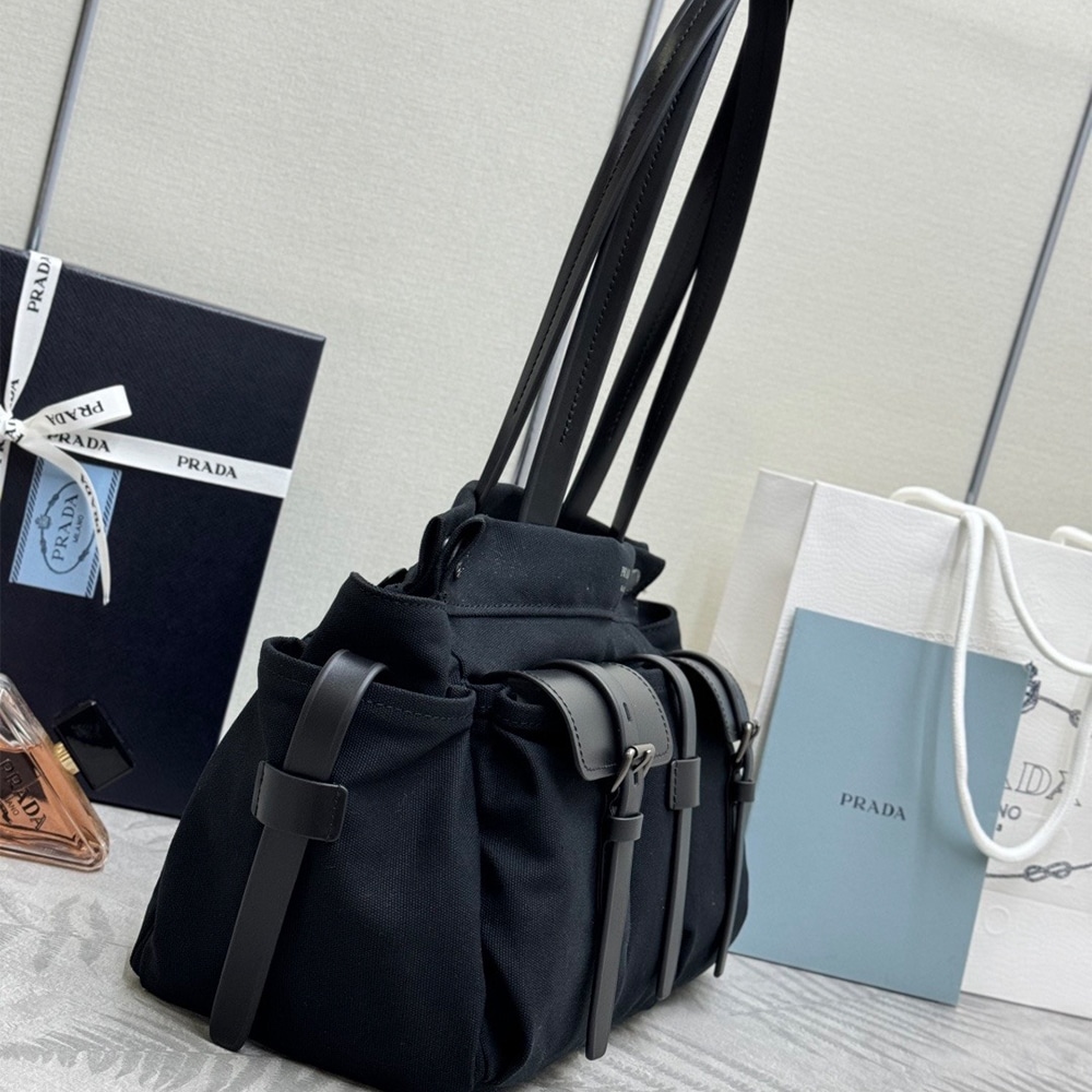 Pra*a Route large canvas and leather tote bag(HIGH-END GRADE)