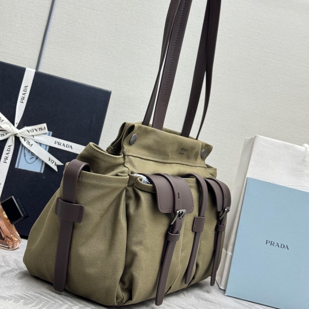 Pra*a Route large canvas and leather tote bag(HIGH-END GRADE)