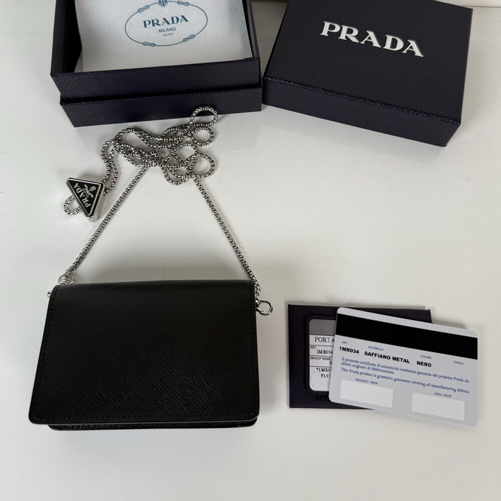 Pra*a Saffiano leather card holder with shoulder strap(HIGH-END GRADE)