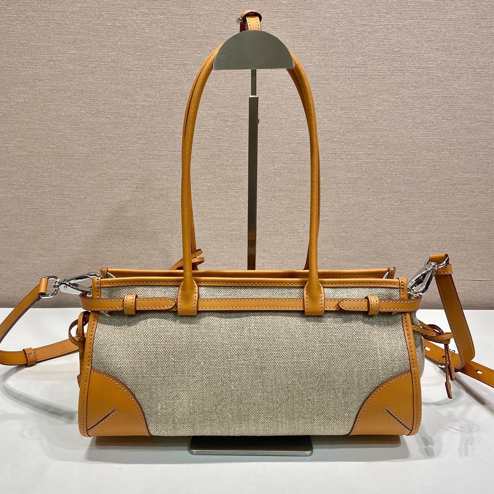 Pra*a Bonnie medium linen and leather handbag(HIGH-END GRADE)