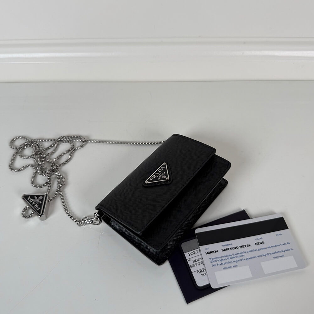 Pra*a Saffiano leather card holder with shoulder strap(HIGH-END GRADE)