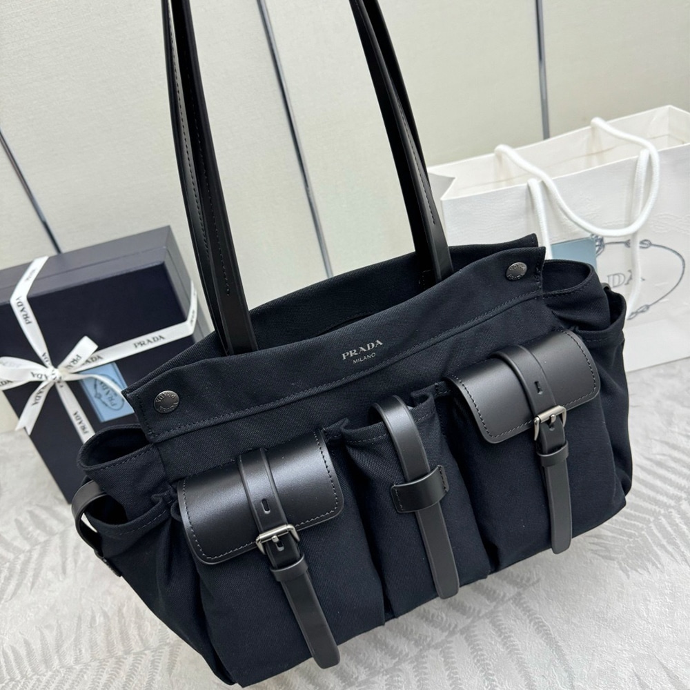 Pra*a Route large canvas and leather tote bag(HIGH-END GRADE)