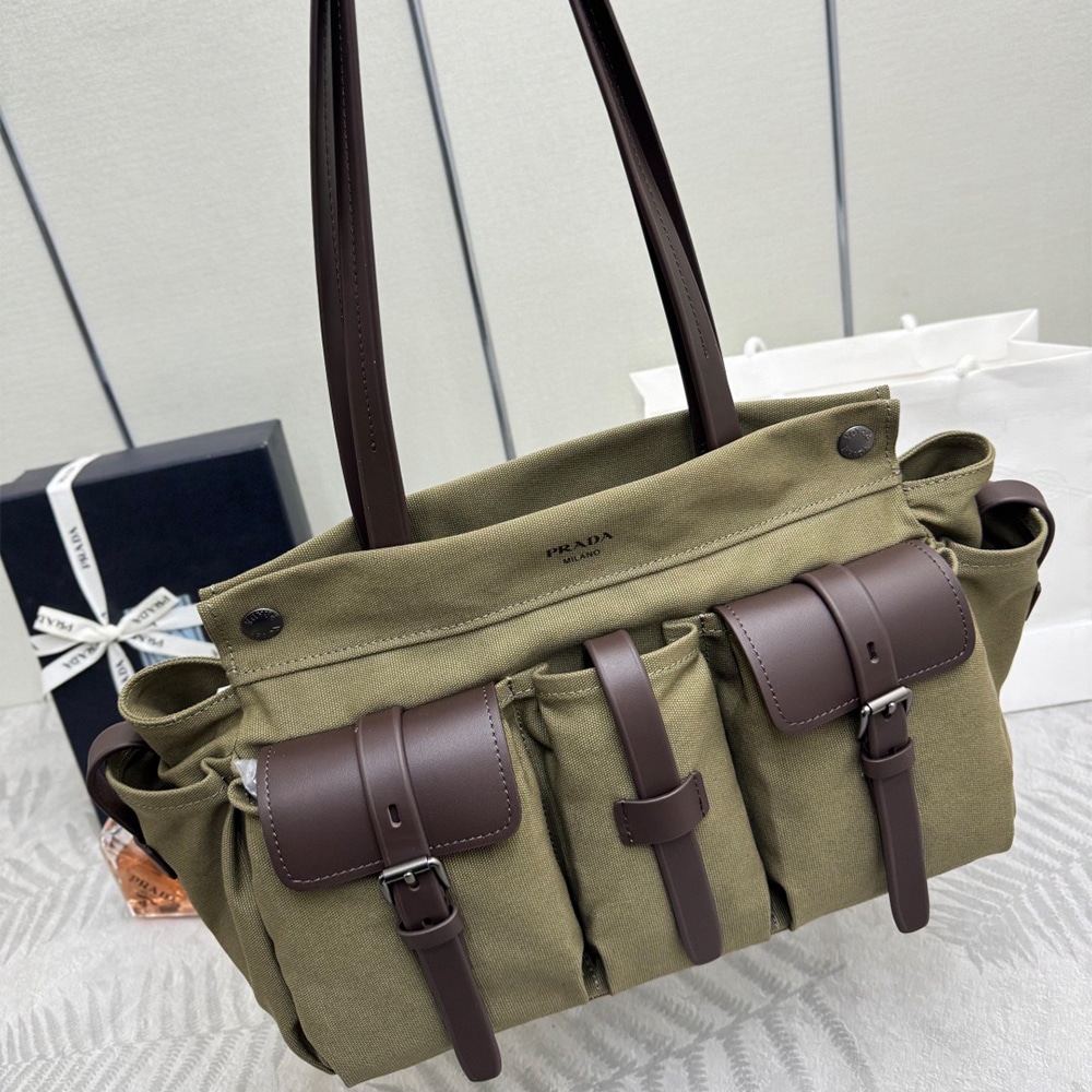 Pra*a Route large canvas and leather tote bag(HIGH-END GRADE)