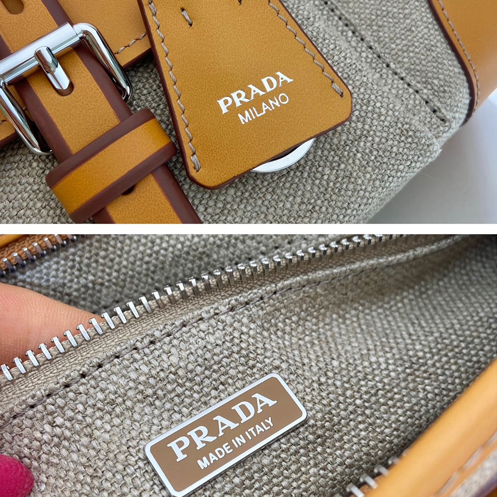 Pra*a Bonnie medium linen and leather handbag(HIGH-END GRADE)